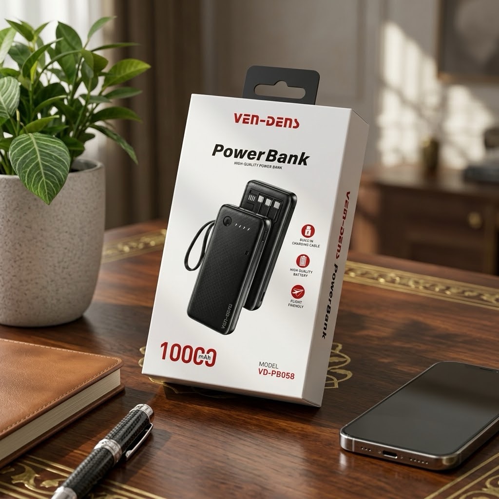 Ven-Dens 10000mAh Power Bank with Built-in Cables & LED Flashlight